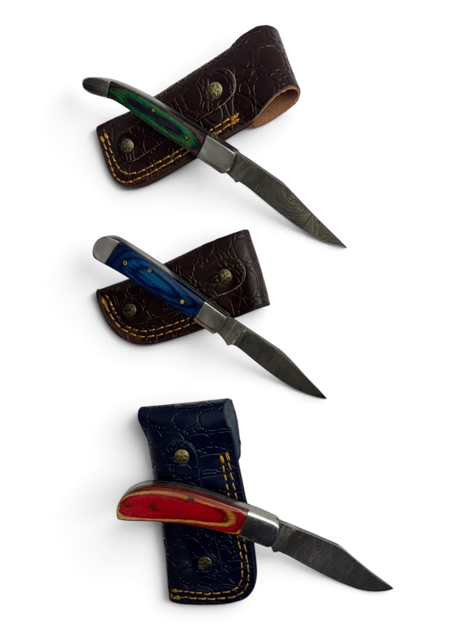 (3) Handmade Damascus Steel Pocket Knives with Custom Wood Grips and Leather Pouches - 2