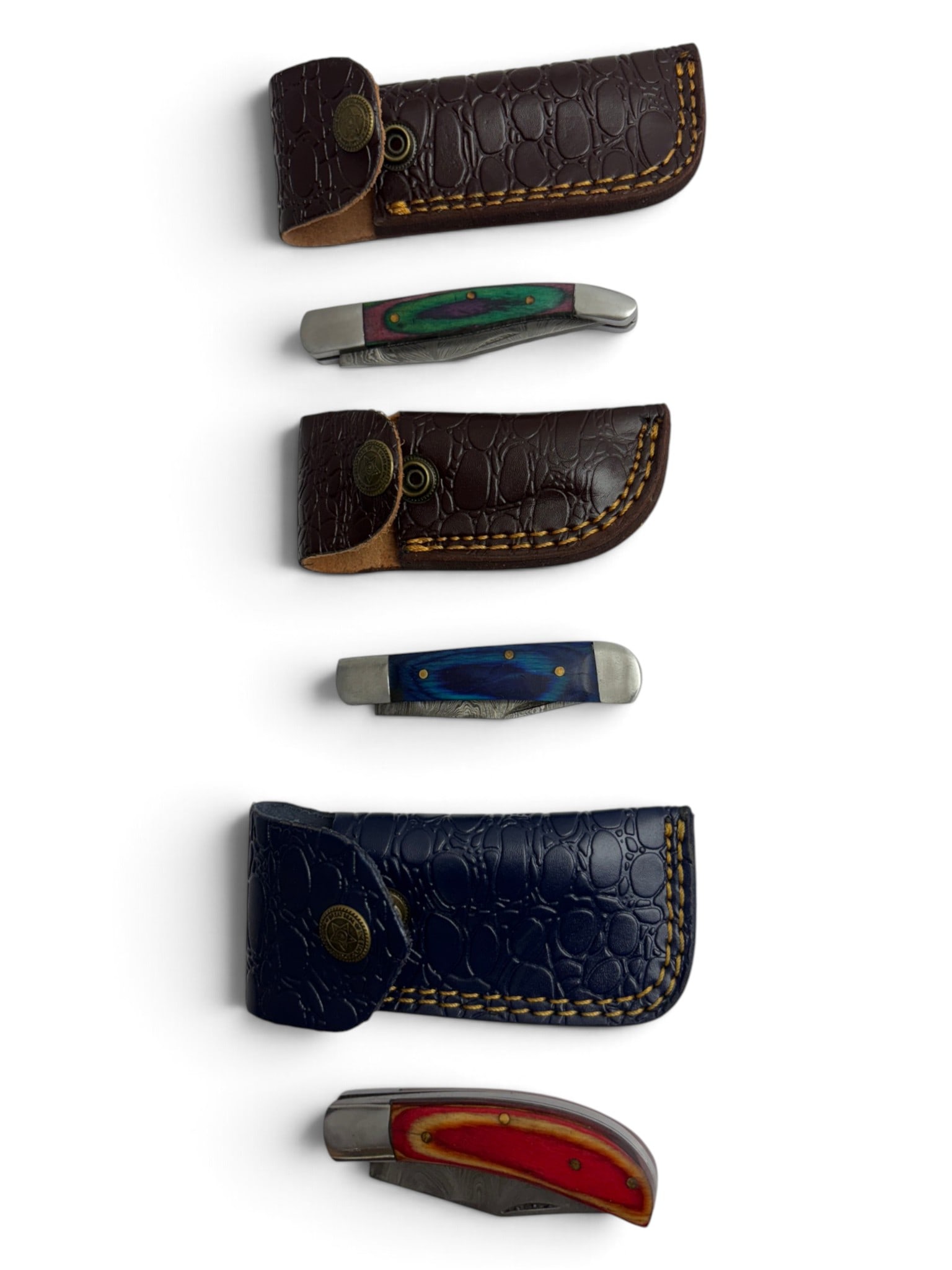 (3) Handmade Damascus Steel Pocket Knives with Custom Wood Grips and Leather Pouches - 3
