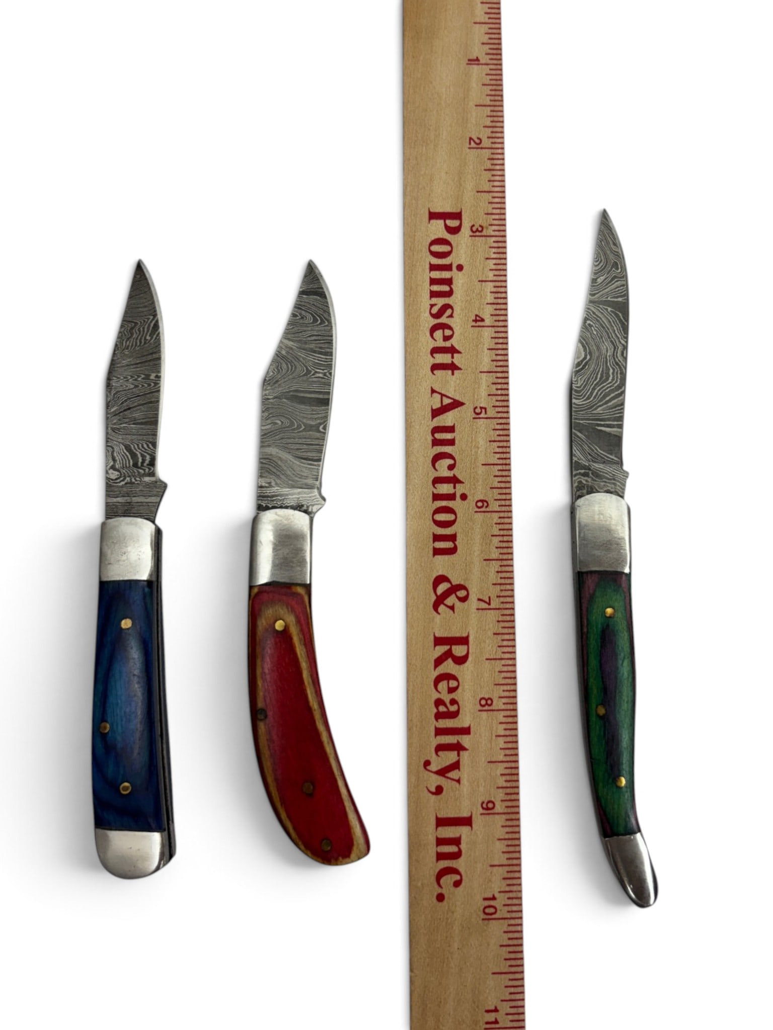 (3) Handmade Damascus Steel Pocket Knives with Custom Wood Grips and Leather Pouches - 4