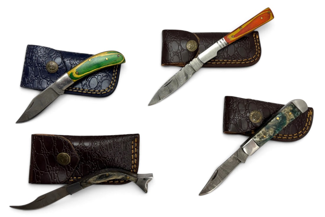 (4) Handmade Damascus Steel Pocket Knives with Custom Wood Grips and Leather Pouches (1 of 4)