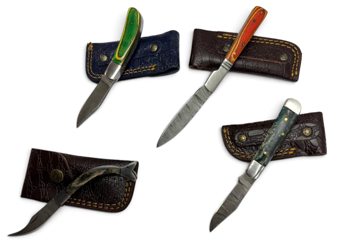 (4) Handmade Damascus Steel Pocket Knives with Custom Wood Grips and Leather Pouches - 2