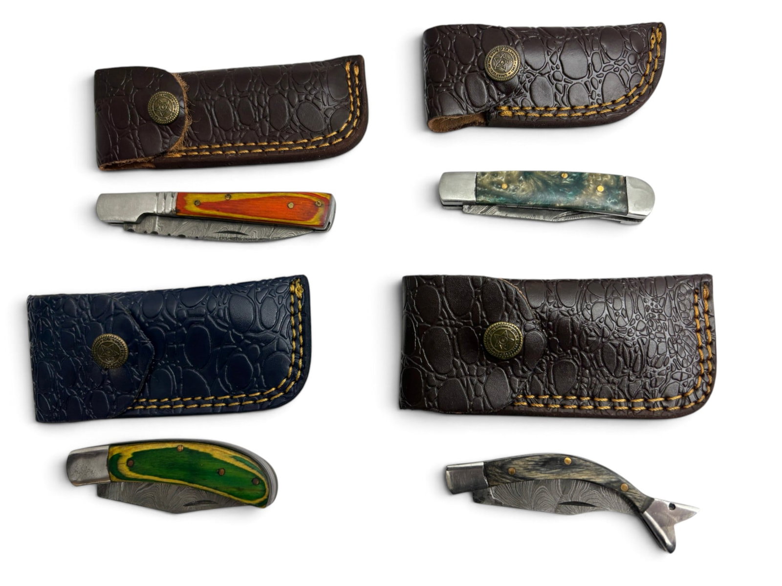 (4) Handmade Damascus Steel Pocket Knives with Custom Wood Grips and Leather Pouches - 3