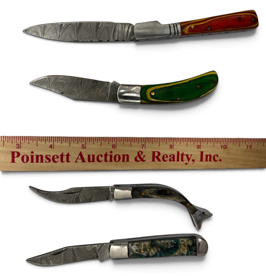 (4) Handmade Damascus Steel Pocket Knives with Custom Wood Grips and Leather Pouches - 4