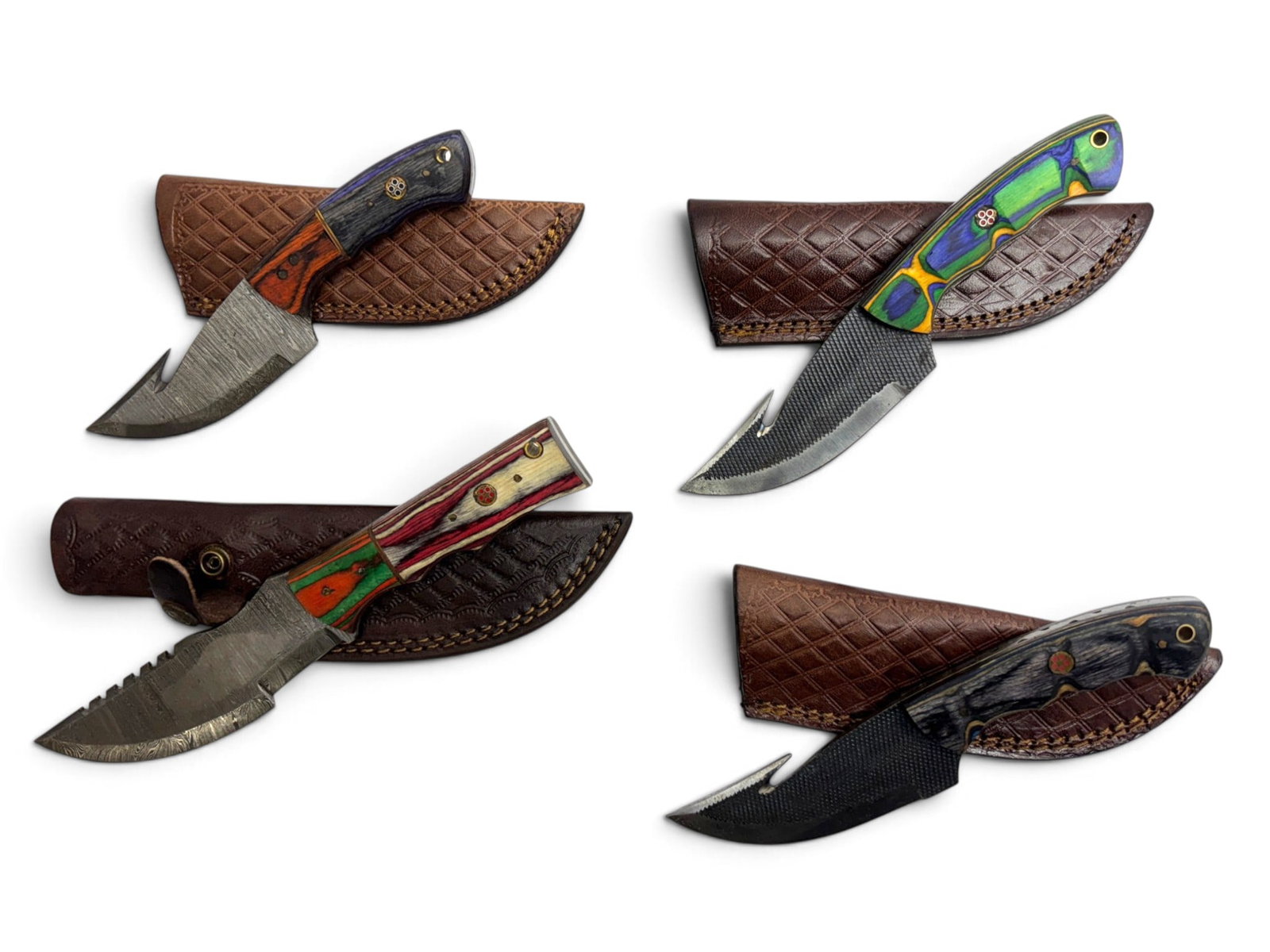 (4) Handmade Damascus & Forged Steel Hunting Knives with Custom Wood Grips and Leather Sheathe (1 of 5)