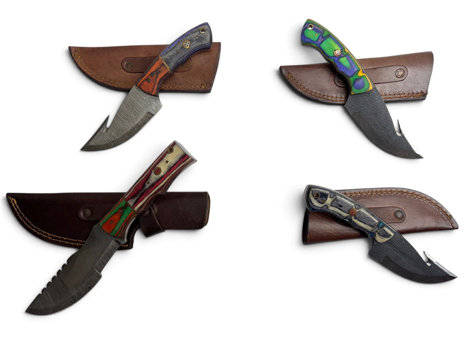 (4) Handmade Damascus & Forged Steel Hunting Knives with Custom Wood Grips and Leather Sheathe - 2