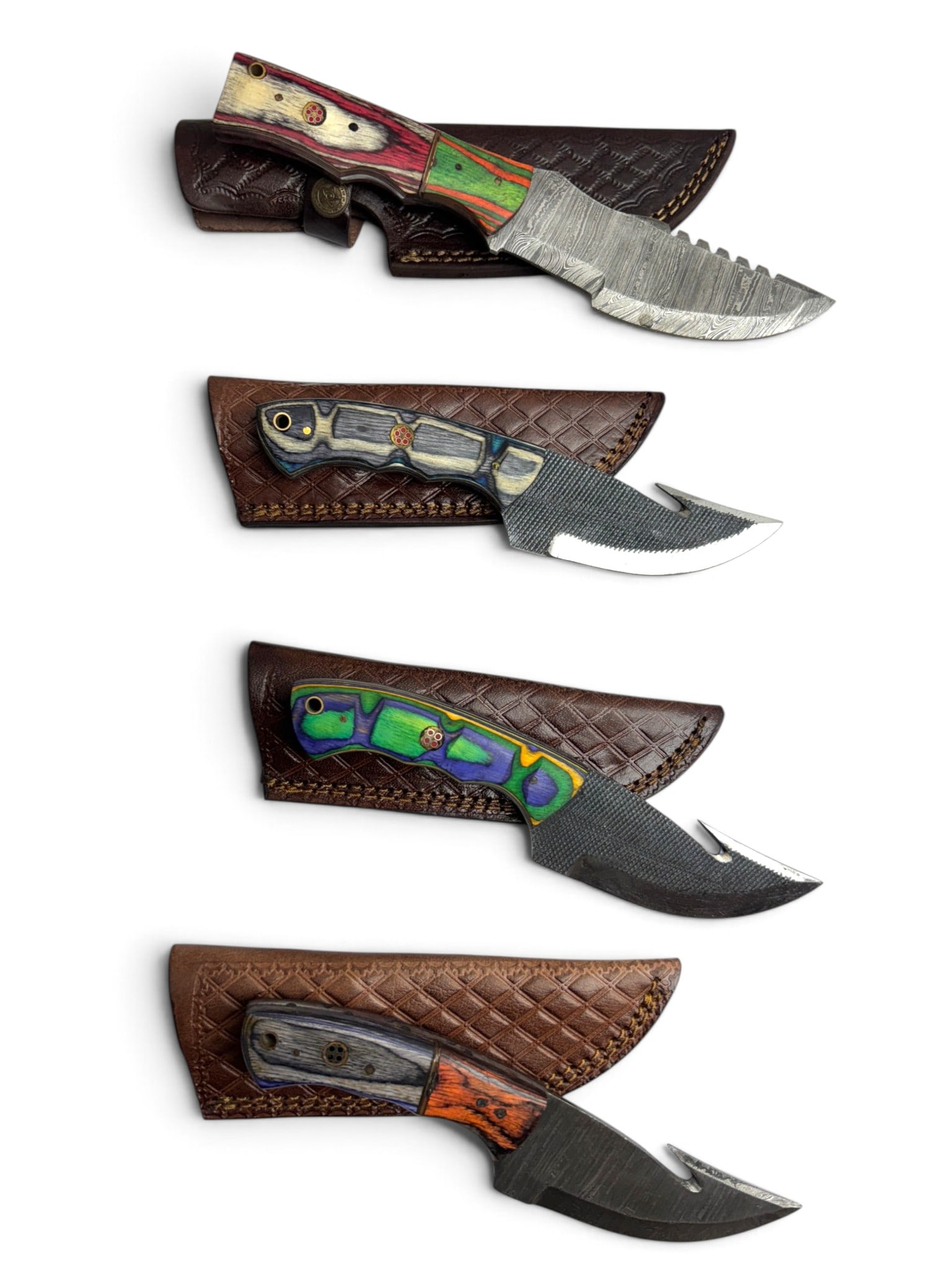 (4) Handmade Damascus & Forged Steel Hunting Knives with Custom Wood Grips and Leather Sheathe - 3