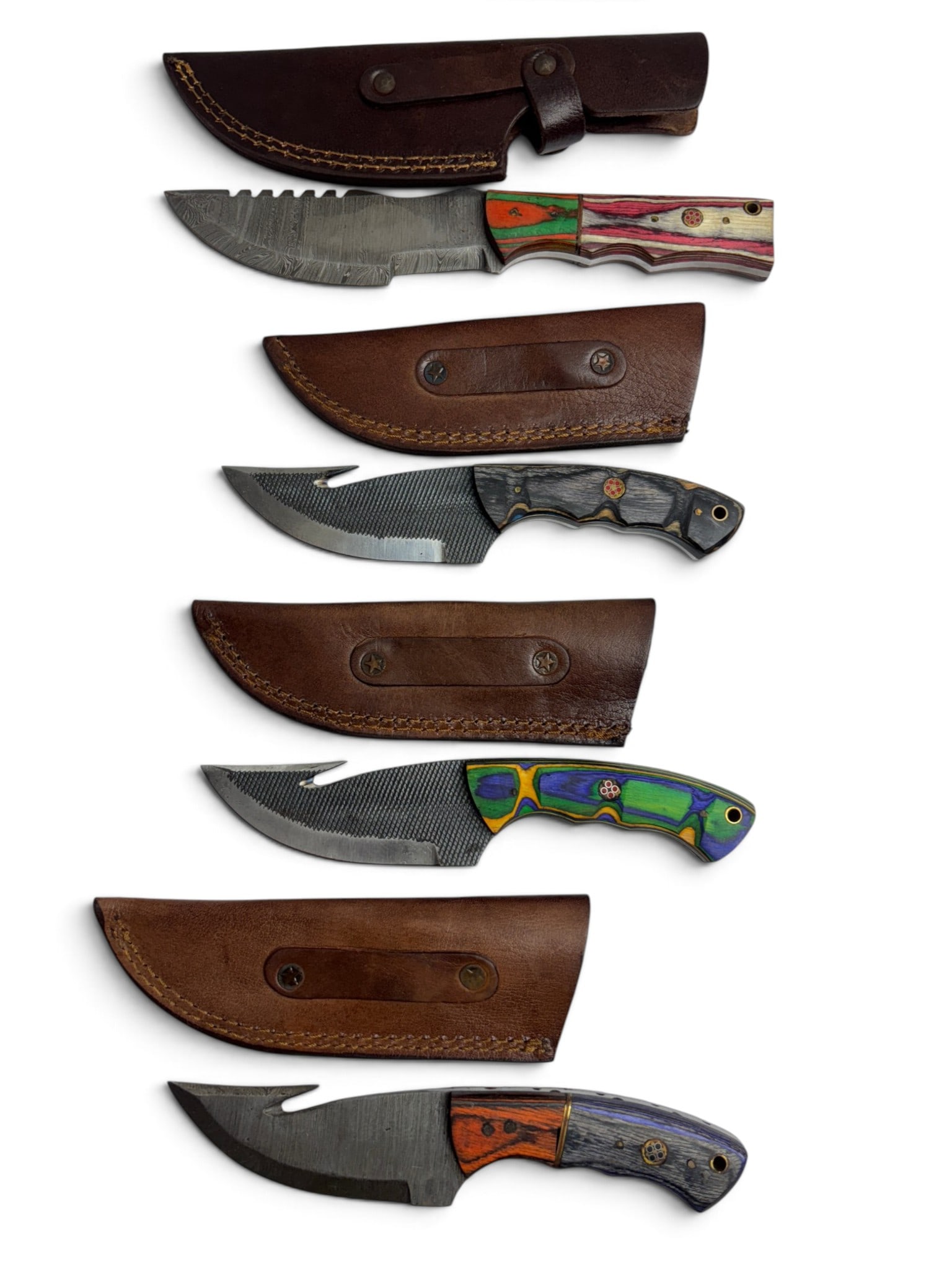 (4) Handmade Damascus & Forged Steel Hunting Knives with Custom Wood Grips and Leather Sheathe - 4