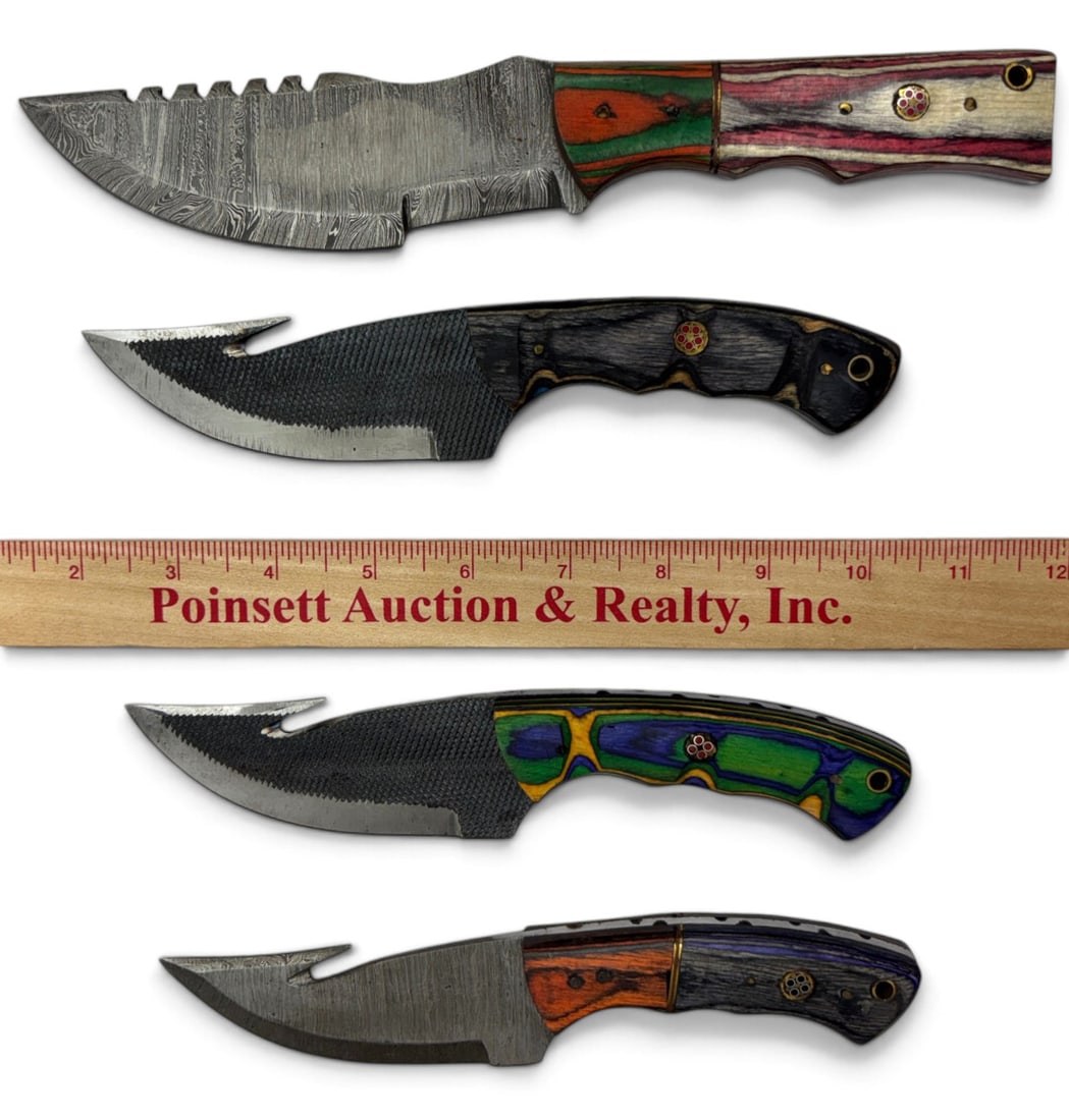 (4) Handmade Damascus & Forged Steel Hunting Knives with Custom Wood Grips and Leather Sheathe - 5