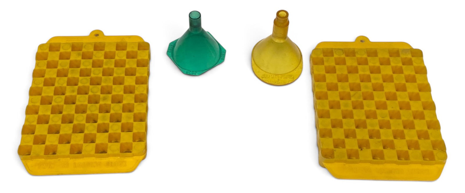 (2) Plastic Reloading Powder Funnels and (2) Flambeau Twin 60 Reloading Blocks: See Photo(s)