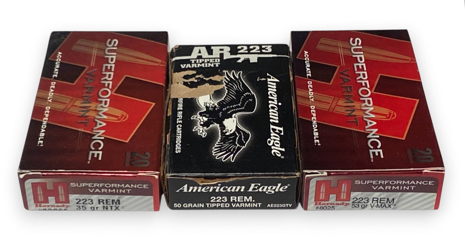 NIB 90rds. of .223 REM. Ammunition: 50rds. of 50gr. Tipped Varmint AR 223 American Eagle, 40rds. of Hornady Superformance Varmint 35gr. NTX