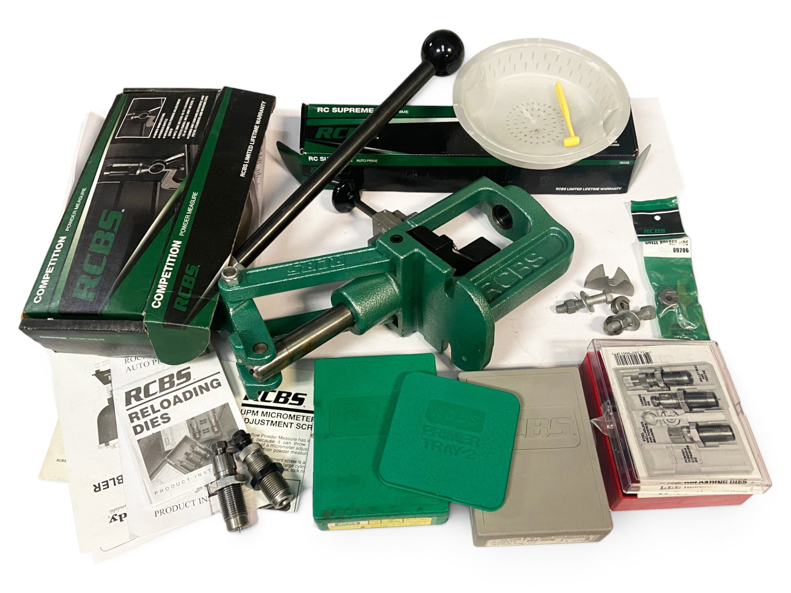 Large RCBS Reloading Lot - Includes Reloader, (3) Die Sets, Powder Measure and More: This was all being used prior to removal and should be in working operation for the next user! Nice RCBS Reloading Equipment. Setup for reloading 9mm and .38 SPL/.357 MAG. See photos for what's all