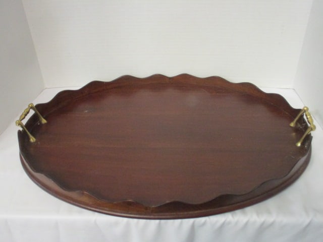 Mid Century Modern Salamat Designs Oval Wood Tray with Brass Handles: 22" x 16"
