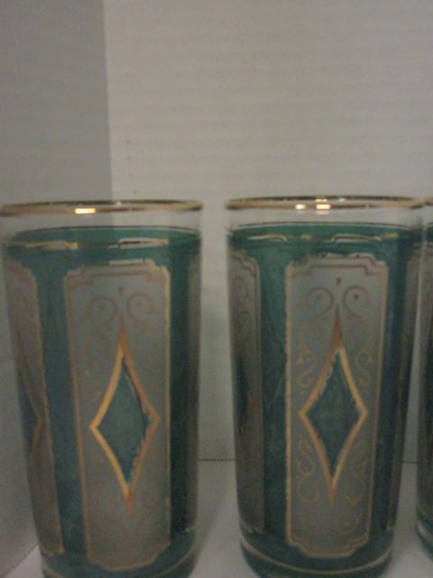 Mid Century Modern Set of 8 Libbey Emerald Blue and 22K Gold Glasses - 2