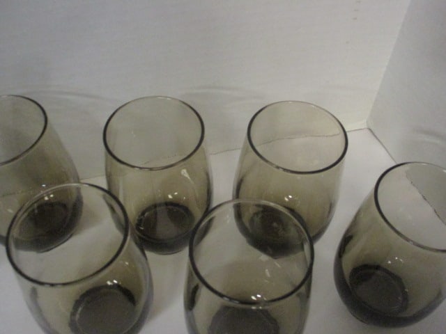 Mid Century Modern Set of 6 Libbey Smokey "Tempo" Stemless Wine Glasses - 3