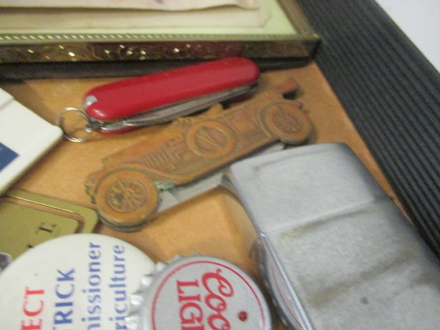 Vintage Men's Lot - Zippo Lighter, Pocket Knives, Name Tags, Lapel Pins, Key, - 4