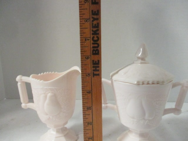Vintage Jeanette Glass Co. "Baltimore Pear" Pink Milk Glass Sugar and Creamer Set - 9
