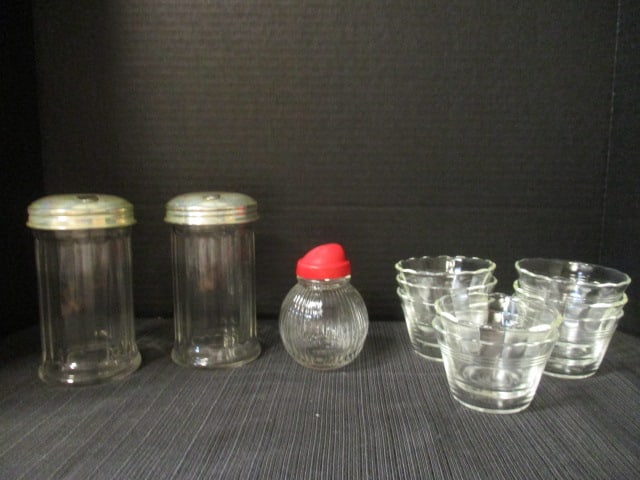 Lot of Retro Glass Condiment Bowls, Sugar Dispensers, and Salt/Cheese Shaker: (8) 2 1/4", (2) 5 1/2", and (1) 4"
