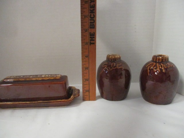 Vintage Hull Pottery "Brown Drip" Plates, Saucer, Butter Dish, Salt & Pepper - 11