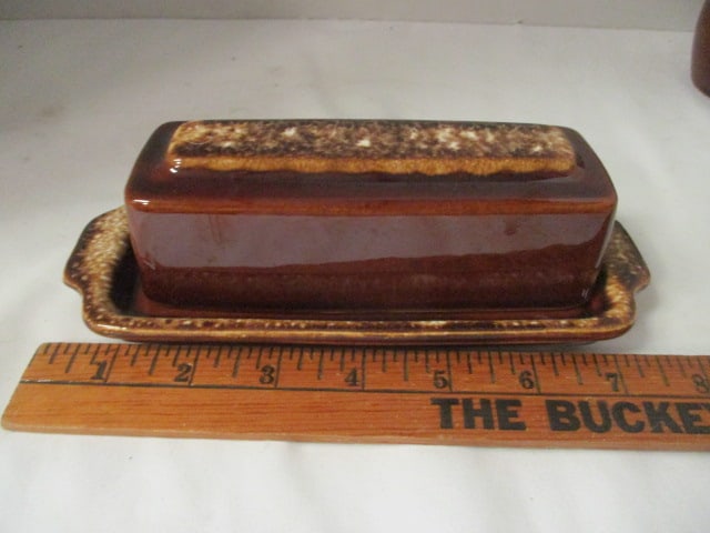 Vintage Hull Pottery "Brown Drip" Plates, Saucer, Butter Dish, Salt & Pepper - 14