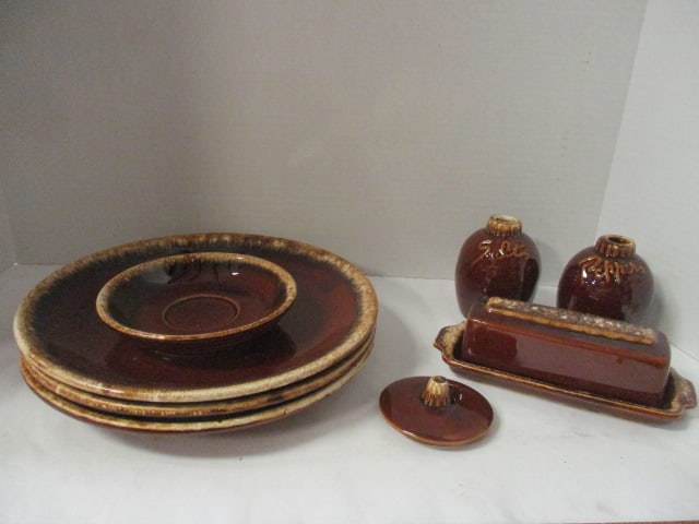 Vintage Hull Pottery "Brown Drip" Plates, Saucer, Butter Dish, Salt & Pepper: Shakers, and Lid, 3" to 10 1/2", see pictures and preview for selection and condition