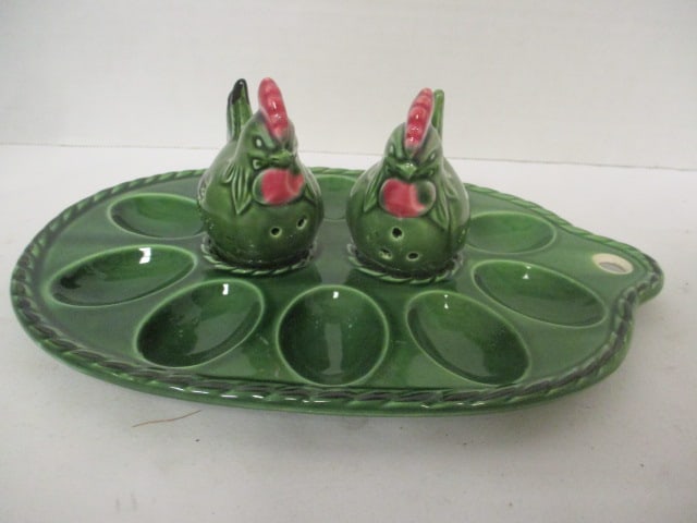 Vintage Ceramic Deviled Egg Platter with Chicken Salt & Pepper Shakers: 10" and (2) 2", made in Japan