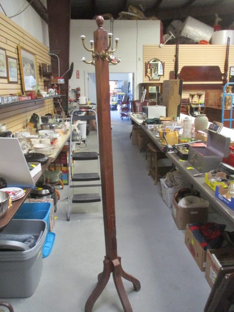 Vintage Wood with 4 Brushed Brass Hooks Coat Tree: 73", Local Pickup Only