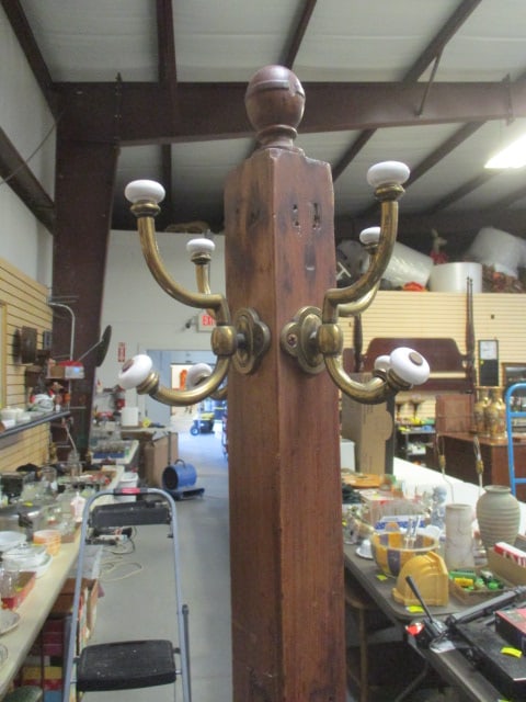 Vintage Wood with 4 Brushed Brass Hooks Coat Tree - 2