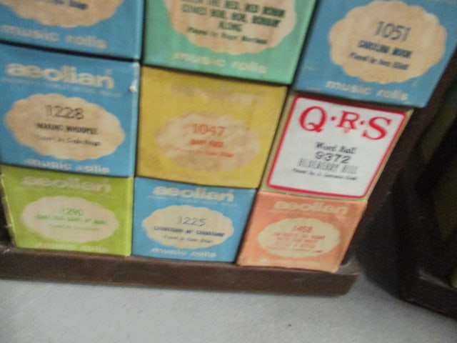 2 Vintage Wood Storage Caddies with Collection of Word Roll and Aeolian - 7