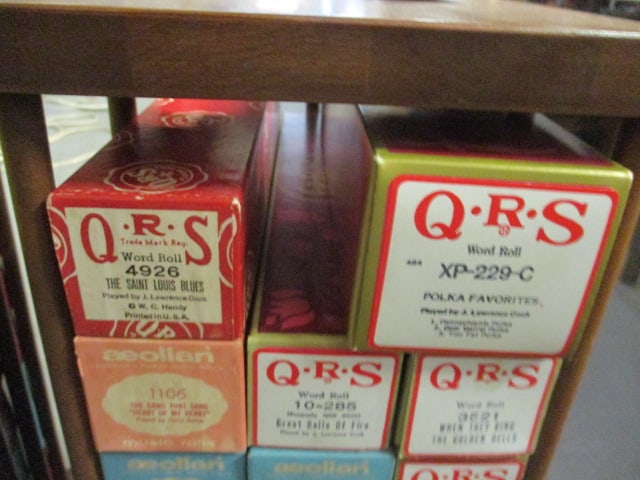 2 Vintage Wood Storage Caddies with Collection of Word Roll and Aeolian - 8