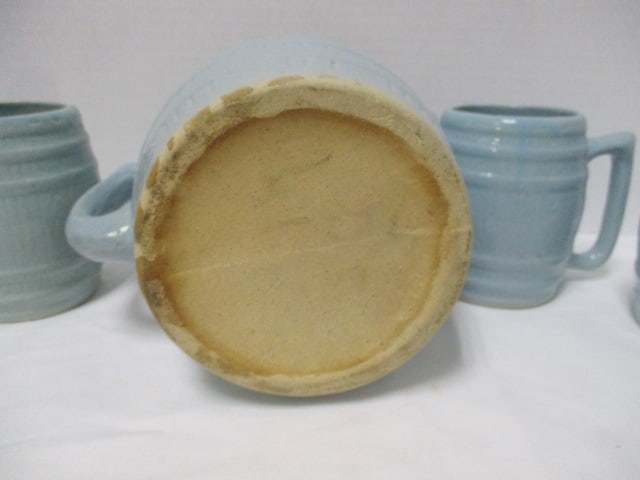 Vintage Aqua Blue Banded Barrel Stoneware Pottery Pitcher and Mug Set - 10