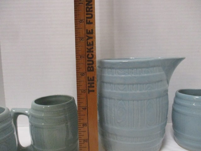 Vintage Aqua Blue Banded Barrel Stoneware Pottery Pitcher and Mug Set - 11