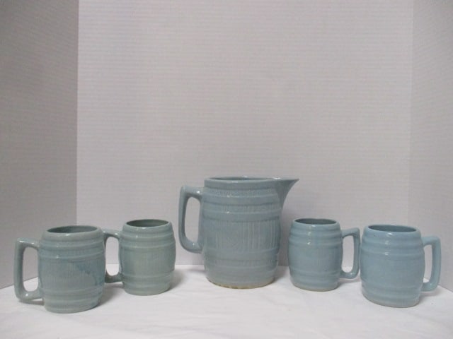 Vintage Aqua Blue Banded Barrel Stoneware Pottery Pitcher and Mug Set (1 of 11)