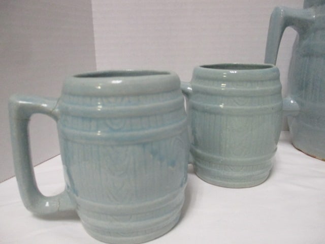 Vintage Aqua Blue Banded Barrel Stoneware Pottery Pitcher and Mug Set - 2