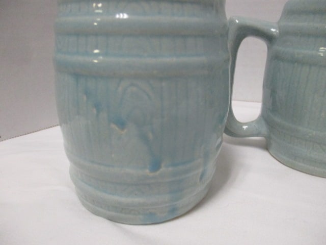 Vintage Aqua Blue Banded Barrel Stoneware Pottery Pitcher and Mug Set - 3