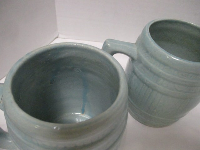 Vintage Aqua Blue Banded Barrel Stoneware Pottery Pitcher and Mug Set - 4