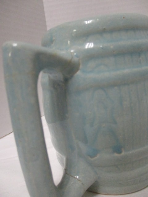 Vintage Aqua Blue Banded Barrel Stoneware Pottery Pitcher and Mug Set - 5