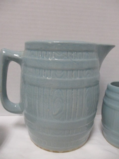 Vintage Aqua Blue Banded Barrel Stoneware Pottery Pitcher and Mug Set - 7