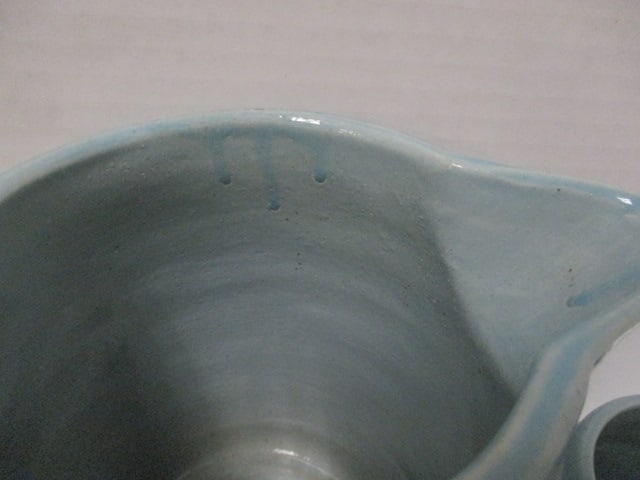 Vintage Aqua Blue Banded Barrel Stoneware Pottery Pitcher and Mug Set - 8