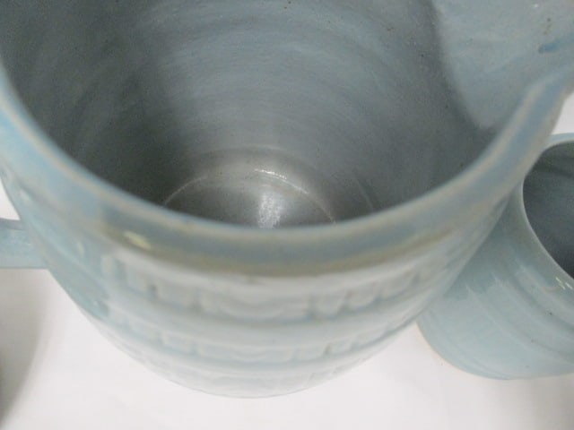 Vintage Aqua Blue Banded Barrel Stoneware Pottery Pitcher and Mug Set - 9