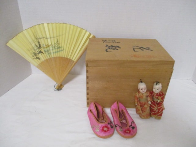 Vintage Asian Wood Box with 2 Dolls, Silk Baby Shoes, and Folding Paper Fan: .