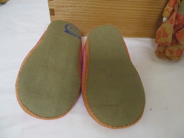 Vintage Asian Wood Box with 2 Dolls, Silk Baby Shoes, and Folding Paper Fan - 3