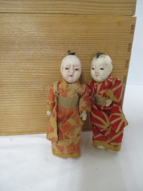 Vintage Asian Wood Box with 2 Dolls, Silk Baby Shoes, and Folding Paper Fan - 4