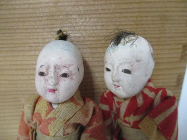 Vintage Asian Wood Box with 2 Dolls, Silk Baby Shoes, and Folding Paper Fan - 5