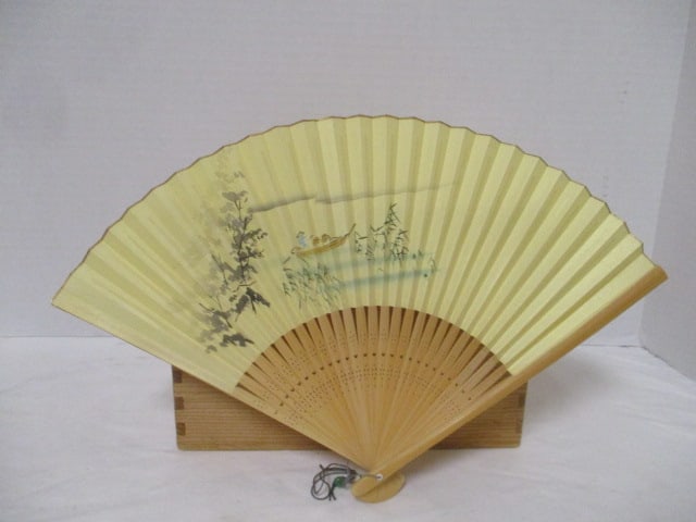 Vintage Asian Wood Box with 2 Dolls, Silk Baby Shoes, and Folding Paper Fan - 6