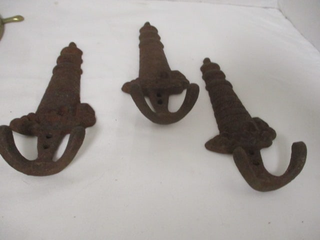2 Vintage Brass "Ship" Key Hooks and 3 Cast Iron "Lighthouse" Hooks - 2
