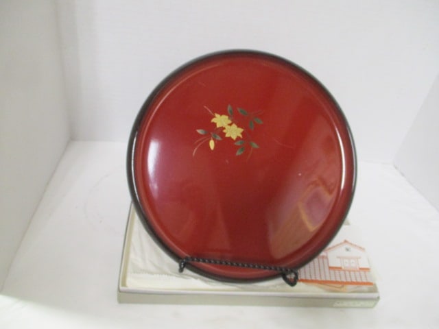 Vintage Japanese Red Enamel Round Platter with Stand in Original Box: 12"
