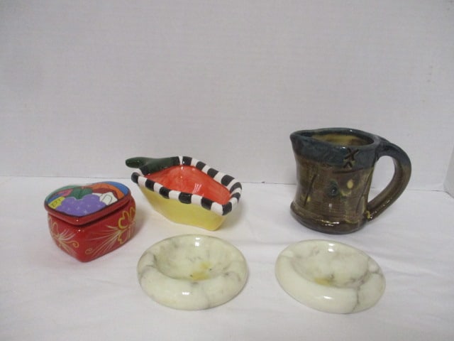 Grouping of Stoneware Pitcher, Trinket Box, Ashtrays, and Pepper Dish: see pictures and preview for selection