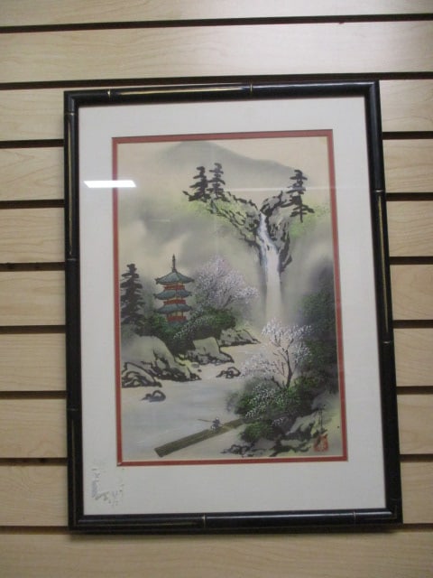 Vintage Framed and Matted Japanese Style Landscape Art - Signature Stamp: 15" x 21"