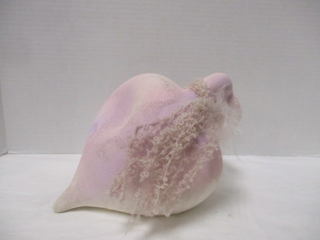 Mid Century Modern Pink and White Stoneware Pottery Sculptured Vase: 7"