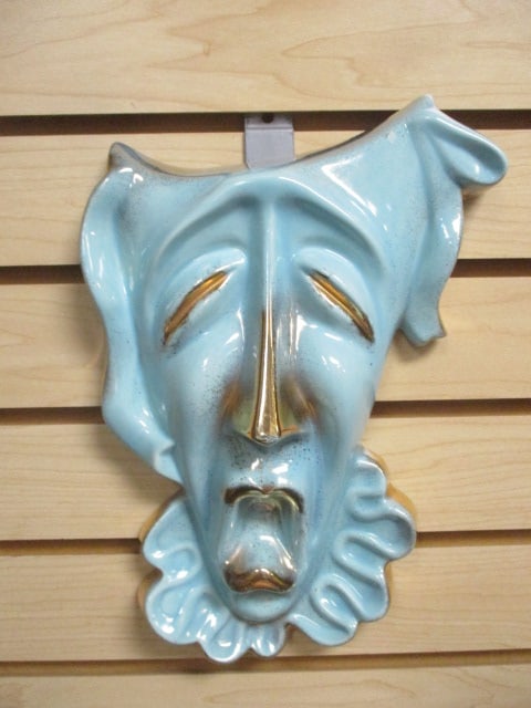 Art Deco Dramatic Theatrical Jester Ceramic Wall Mask: 14"
